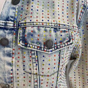 Veveret Rhinestone Studded Denim Jacket Cropped Distressed tie small dye style